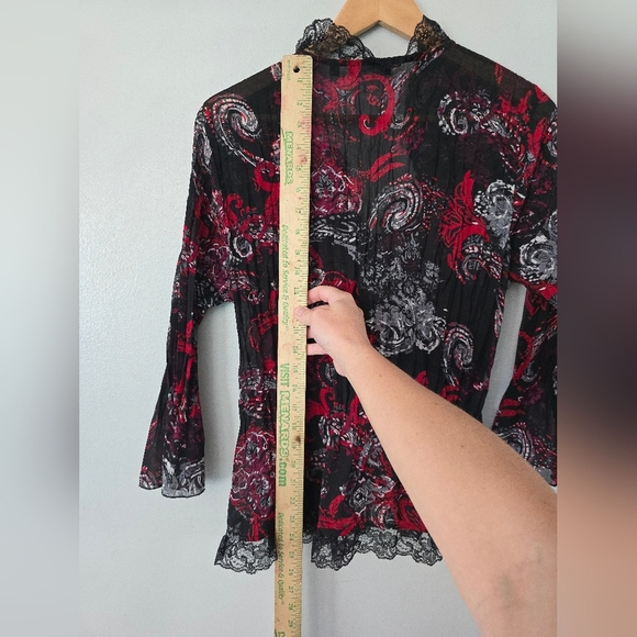 Black Red Sheer Blouse Lace Trim Tie Front Romantic Visual Kei Whimsigoth Large - Picture 11 of 11